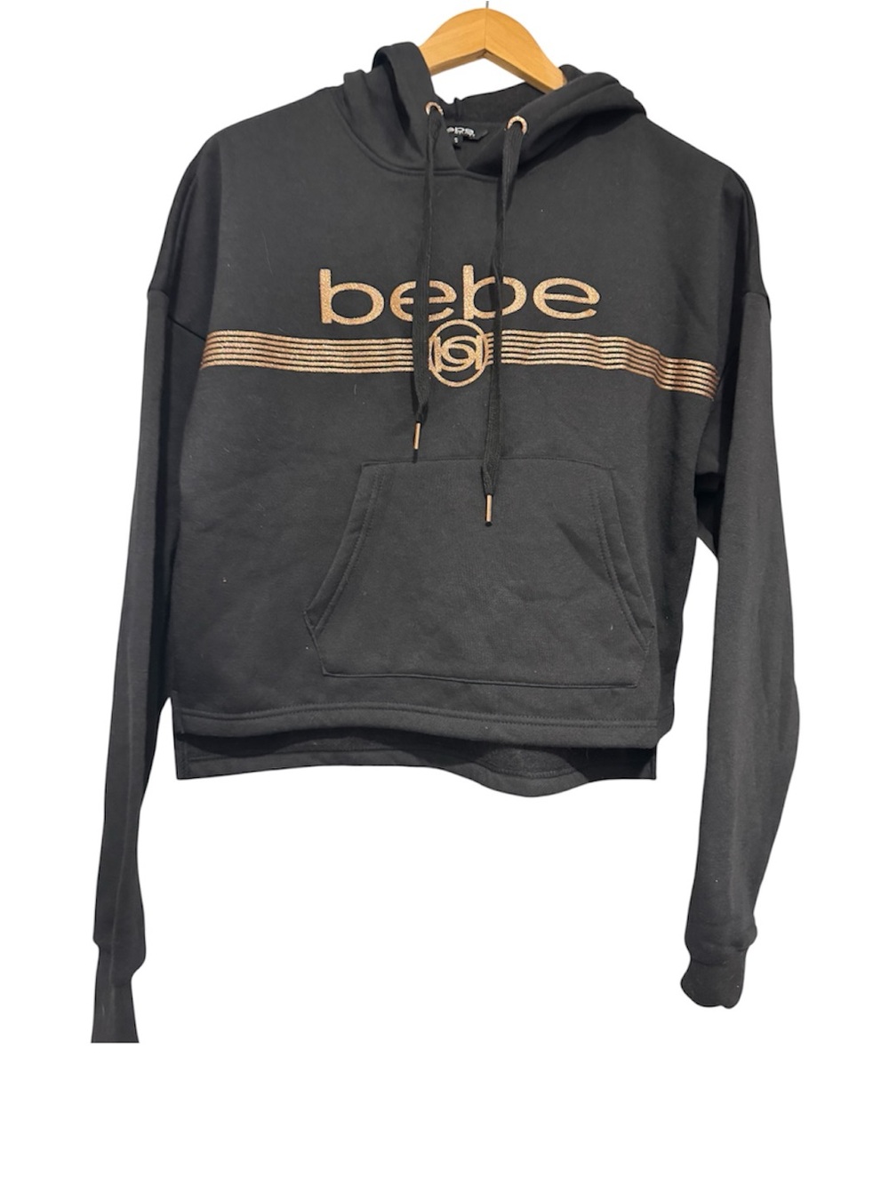 bebe Black Hoodie with Metallic Gold Logo Stripe